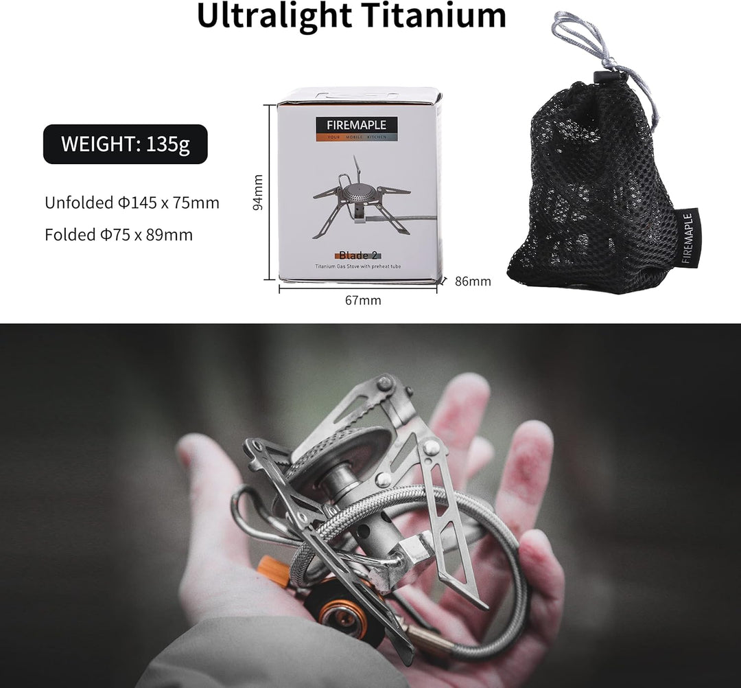 Blade 2 Titanium Backpacking Stove mit Vorwärmrohr |4.76 oz, 2.8KW - Firemaplegear.de